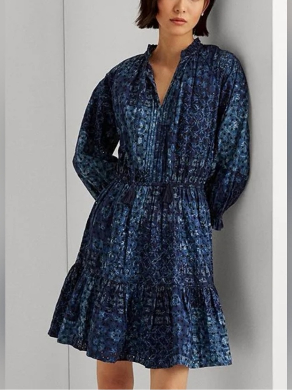 Lauren Ralph Lauren Puff Long Sleeve Geometric Print Eyelet Ruffle Tassel Dress